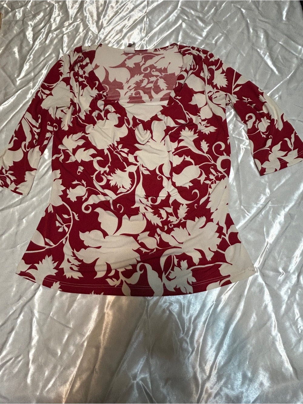 Suzi Chin Floral Ruched Faux Wrap 3/4 Sleeve Top L
